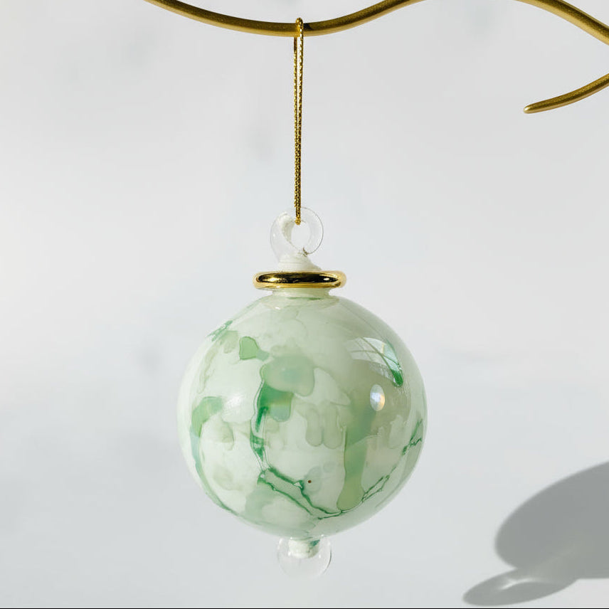 Blown Glass Small Bauble Ornament - Green and White Splash