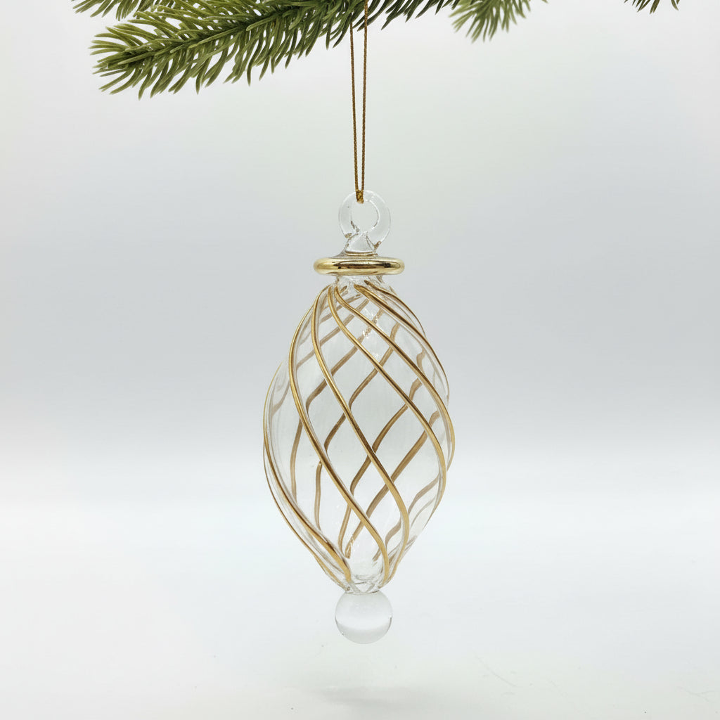 Hair Trade Hand-Blown Glass Small Ornament - Swirl Oval, Gold, Ethically Handmade