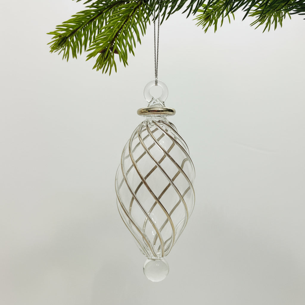 Hair Trade Hand-Blown Glass Small Ornament - Swirl Oval, Platinum Silver, Ethically Handmade