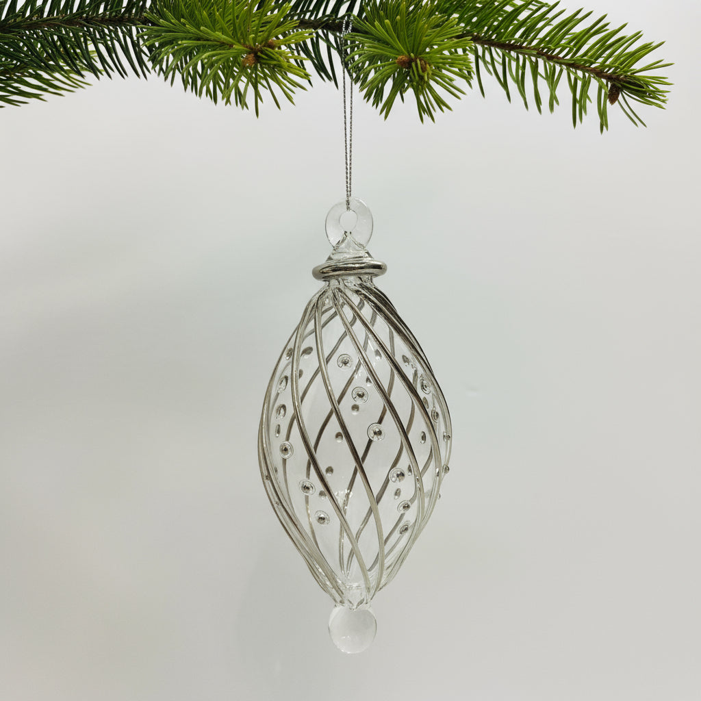 Hair Trade Hand-Blown Glass Small Ornament - Swirl Oval, Platinum Silver, Ethically Handmade
