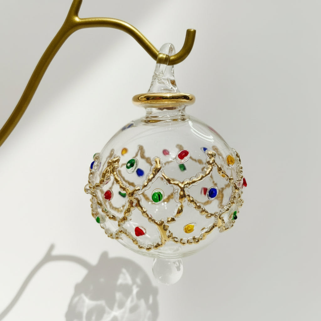 Fair trade handblown glass bauble ornament with gold and colored gem embellishments