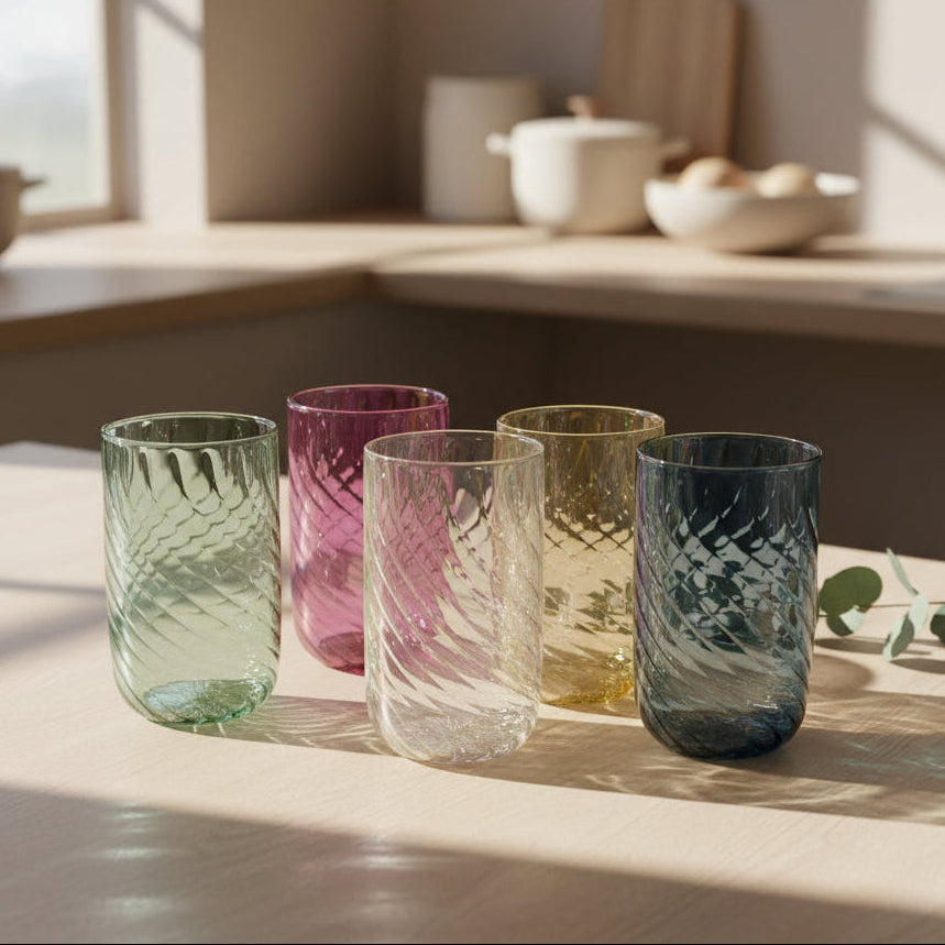 Handblown Glass Stemless Glass in Iridescent Pastel Colors, Fair Trade, Ethically Made