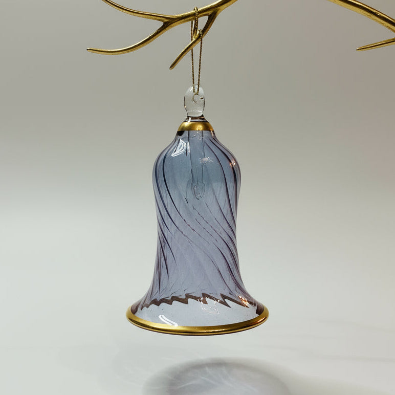 Decorative handblown glass iridescent pastel colored wavy bell ornaments with glass clapper, lavender