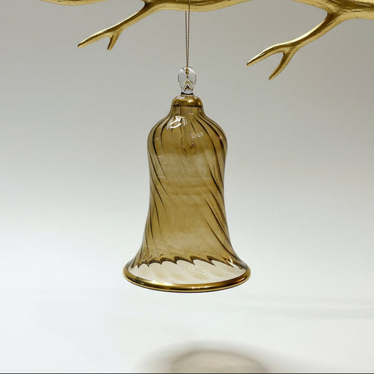 Decorative handblown glass iridescent pastel colored wavy bell ornaments with glass clapper, cinnamon