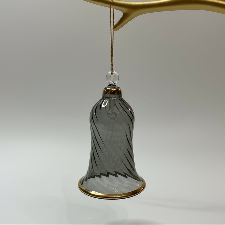 Decorative handblown glass iridescent pastel colored wavy bell ornaments with glass clapper, smoky gray