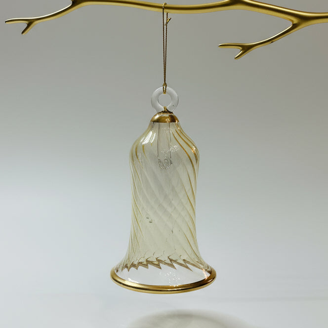 Decorative handblown glass iridescent pastel colored wavy bell ornaments with glass clapper, yellow