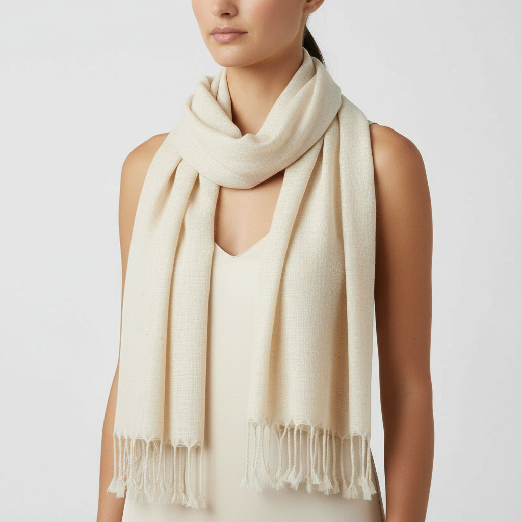 Fair Trade Handwoven Bamboo Viscose Bouclé Scarf - Off-white, Sustainable Ethical Fashion