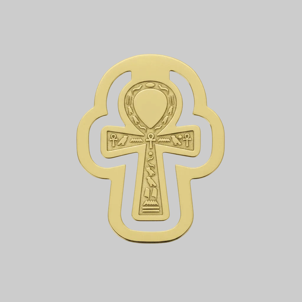 Handmade brass bookmark featuring an Egyptian Ankh cross design with hieroglyphic details