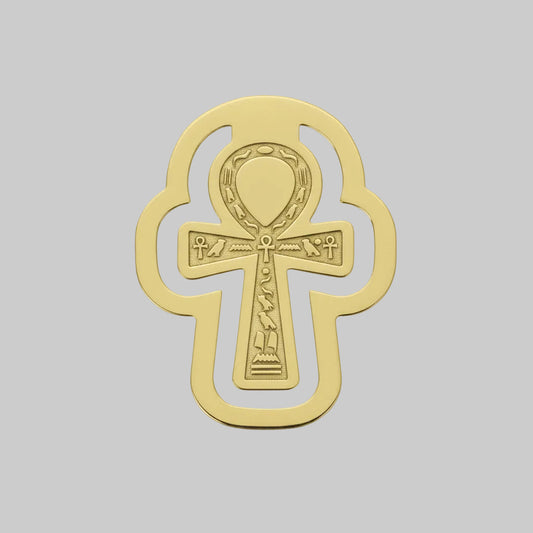 Handmade brass bookmark featuring an Egyptian Ankh cross design with hieroglyphic details