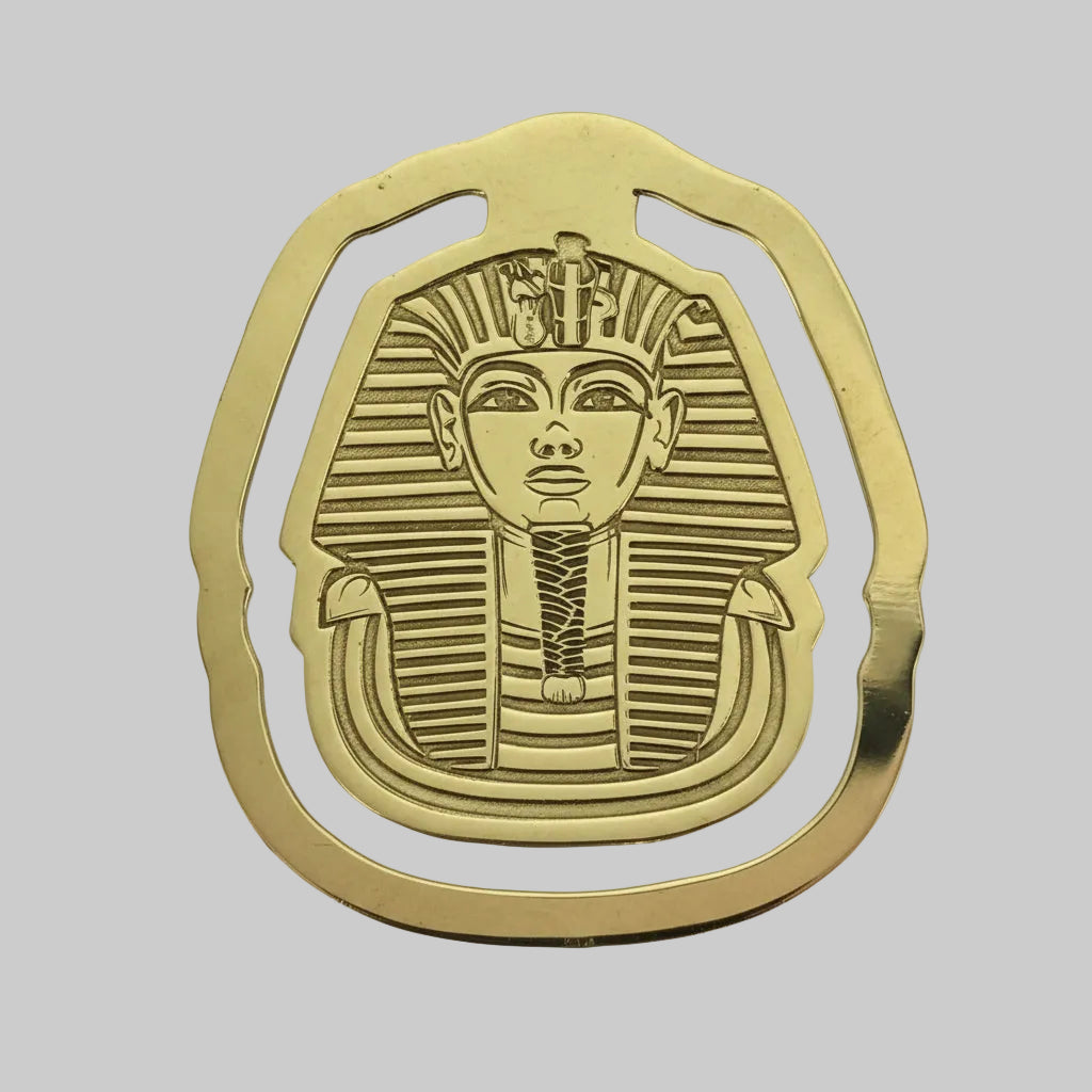 Handcrafted brass bookmark depicting the gold mask of the Egyptian Pharaoh King Tutankhamum