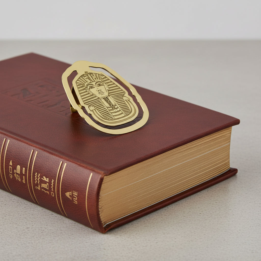 Handcrafted brass bookmark depicting the gold mask of the Egyptian Pharaoh King Tutankhamum