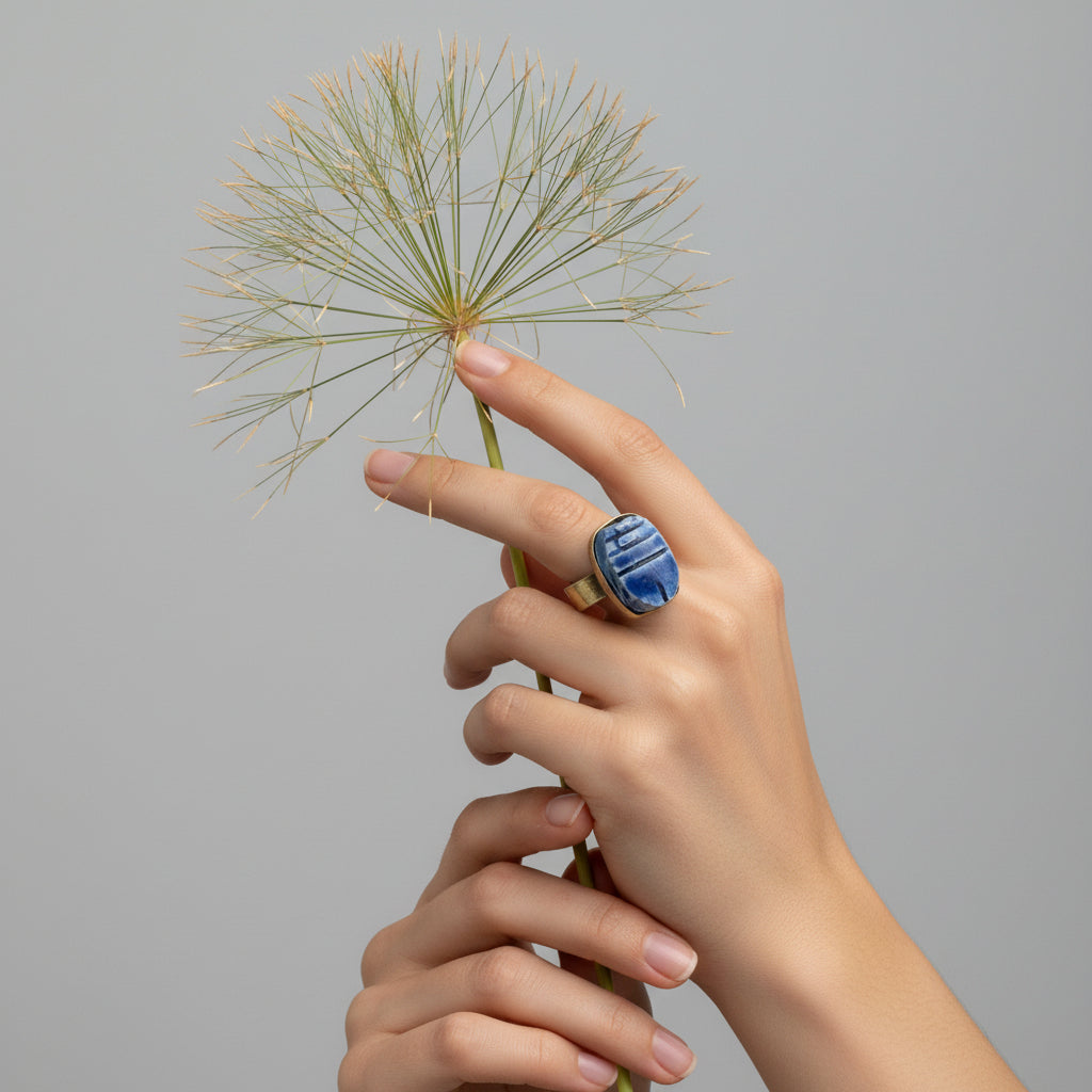 Handmade brass ring with blue Egyptian faience scarab