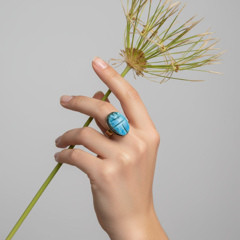 Handmade brass ring with turquoise Egyptian faience scarab