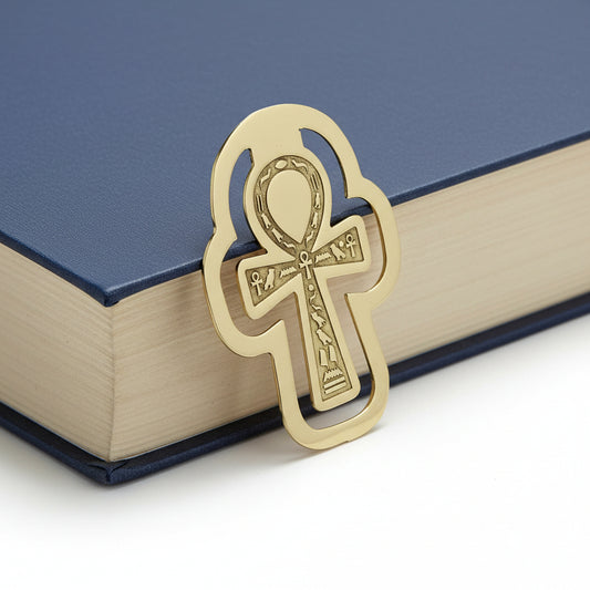 Handmade brass bookmark featuring an Egyptian Ankh cross design with hieroglyphic details
