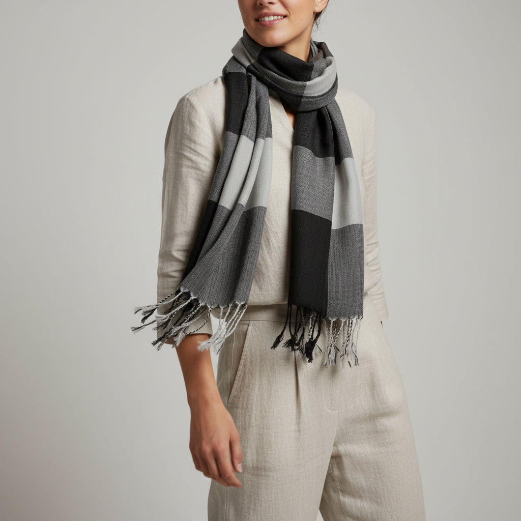 Handwoven Viscose Rayon Plaid Handwoven Scarf - Black & White, Fair Trade, Ethical Fashion