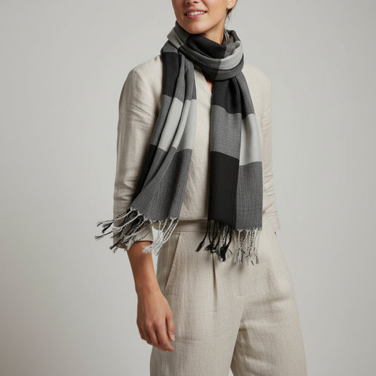 Handwoven Viscose Rayon Plaid Handwoven Scarf - Black & White, Fair Trade, Ethical Fashion