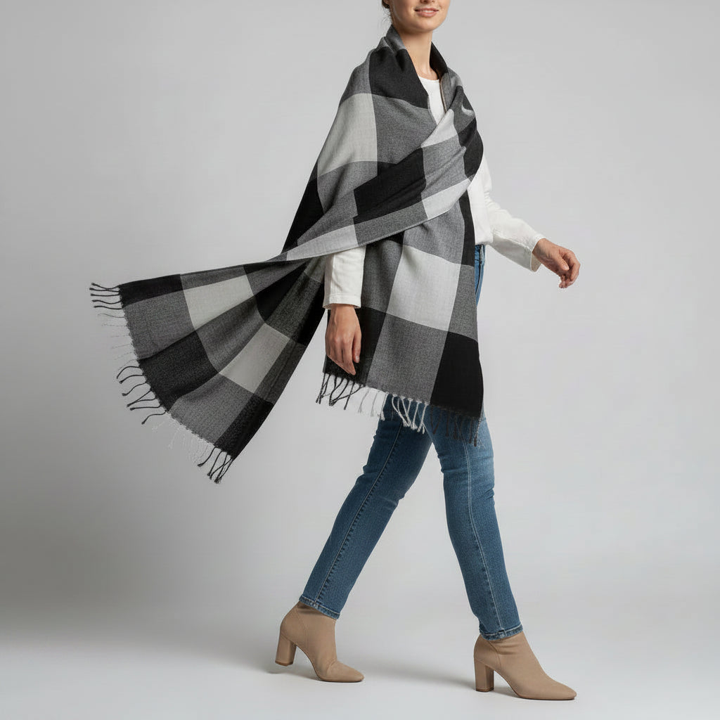 Handwoven Viscose Rayon Plaid Handwoven Scarf - Black & White, Fair Trade, Ethical Fashion