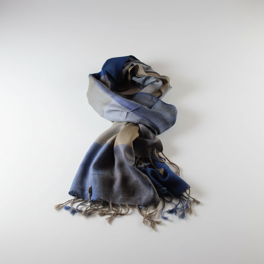 Handwoven Plaid Viscose Rayon Scarf - Blue & Beige, Fair Trade Handmade, Ethical Fashion