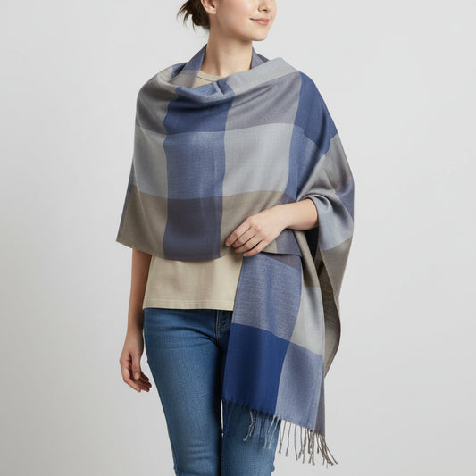 Handwoven Plaid Viscose Rayon Scarf - Blue & Beige, Fair Trade Handmade, Ethical Fashion