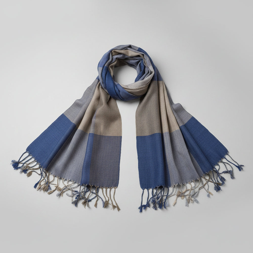 Handwoven Plaid Viscose Rayon Scarf - Blue & Beige, Fair Trade Handmade, Ethical Fashion