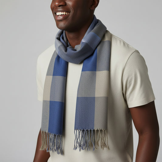 Handwoven Plaid Viscose Rayon Scarf - Blue & Beige, Fair Trade Handmade, Ethical Fashion