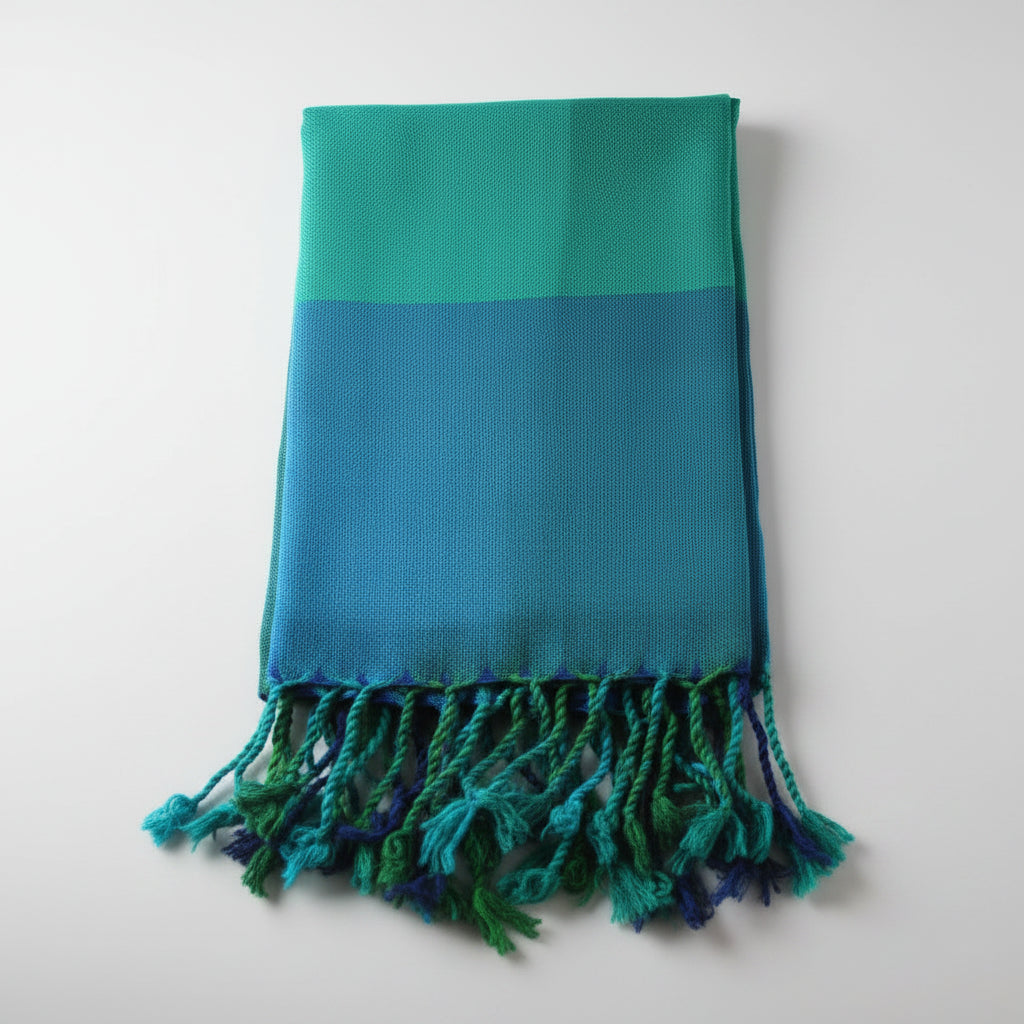 Handwoven green and blue plaid viscose rayon scarf with fringes, fair trade handmade, ethical fashion