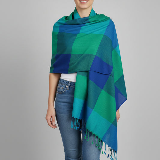 Handwoven green and blue plaid viscose rayon scarf with fringes, fair trade handmade, ethical fashion