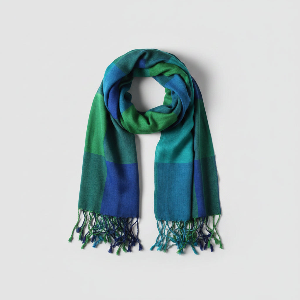 Handwoven green and blue plaid viscose rayon scarf with fringes, fair trade handmade, ethical fashion