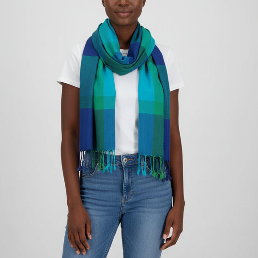 Handwoven green and blue plaid viscose rayon scarf with fringes, fair trade handmade, ethical fashion