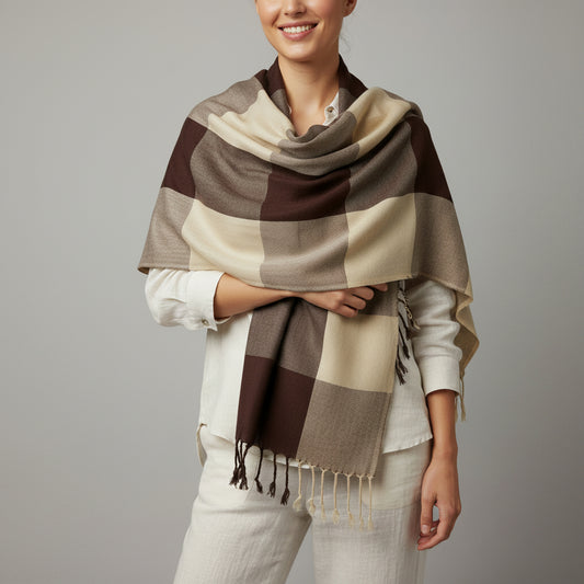 Plaid Handwoven Bamboo Viscose Rayon Scarf - Beige & Brown, Fair Trade