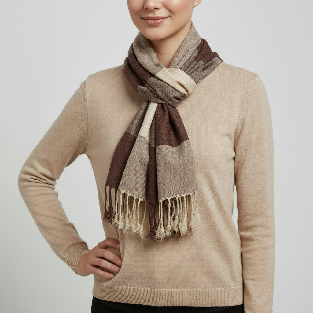 Plaid Handwoven Bamboo Viscose Rayon Scarf - Beige & Brown, Fair Trade
