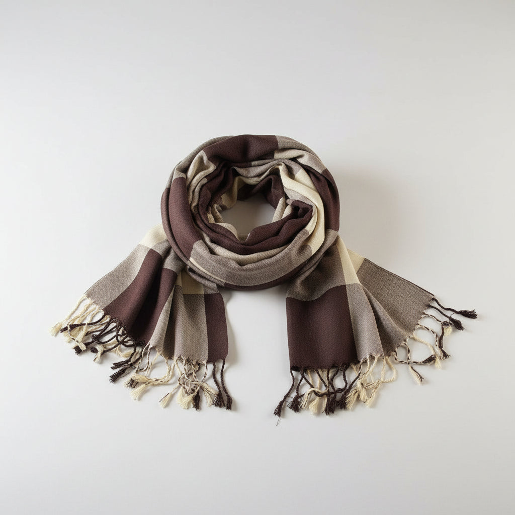 Plaid Handwoven Bamboo Viscose Rayon Scarf - Beige & Brown, Fair Trade