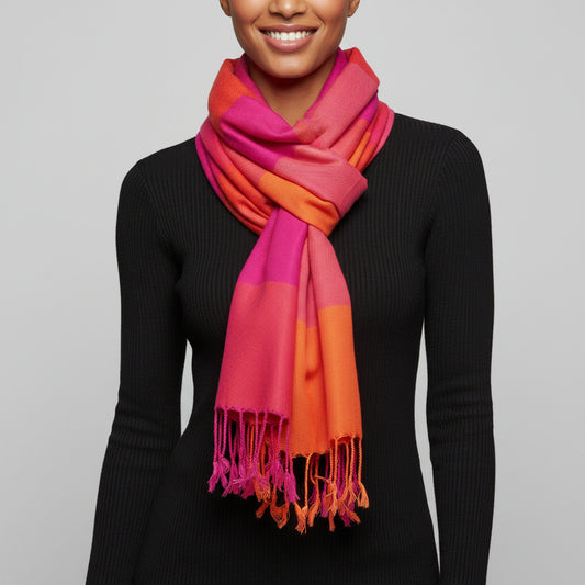 Handwoven pink fuchsia and orange checkered plaid scarf with tassels, fair trade handmade, ethical fashion