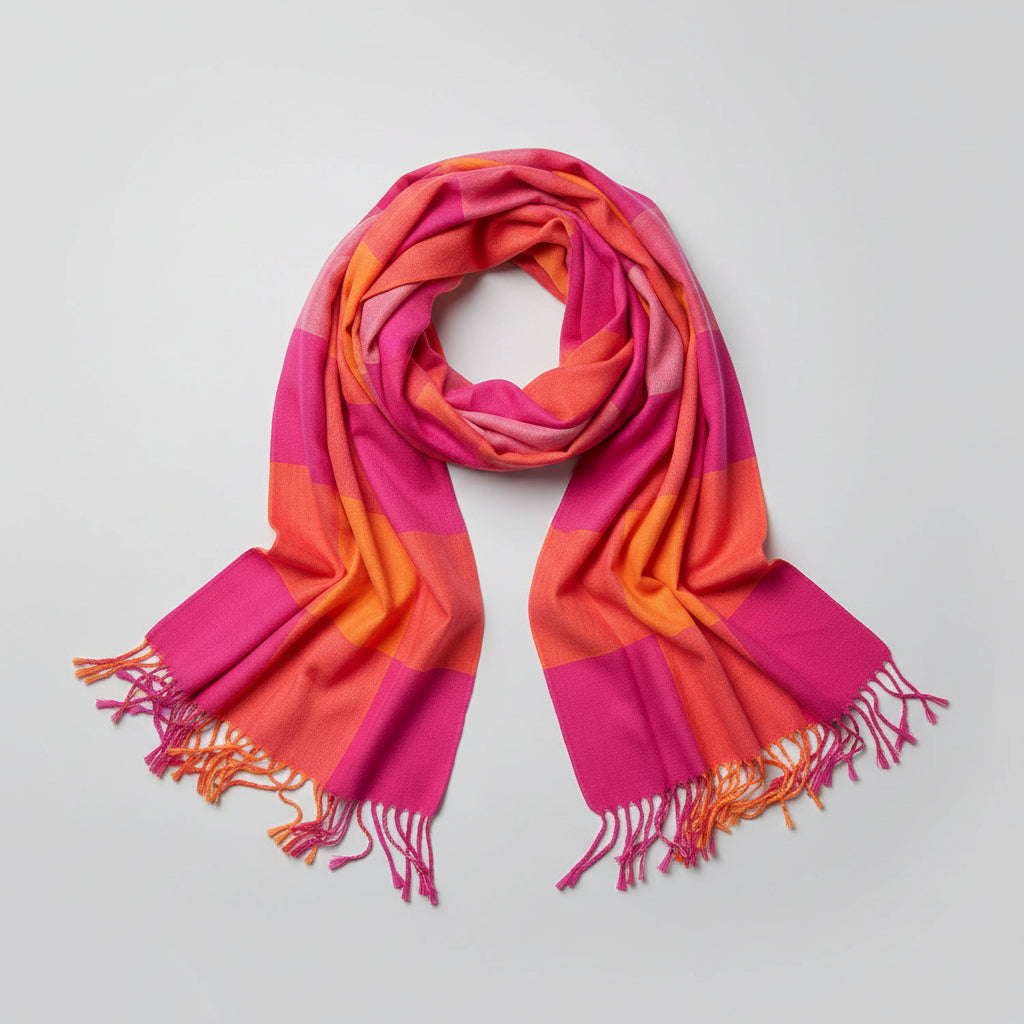 Handwoven pink fuchsia and orange checkered plaid scarf with tassels, fair trade handmade, ethical fashion