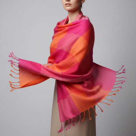 Handwoven pink fuchsia and orange checkered plaid scarf with tassels, fair trade handmade, ethical fashion