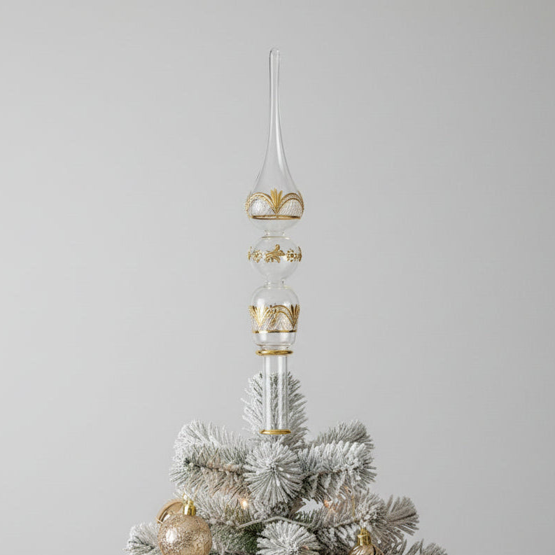 Handblown glass etched Christmas tree topper with gold accents