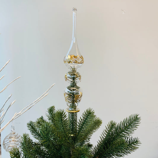 Handblown glass Christmas tree topper with gold accents