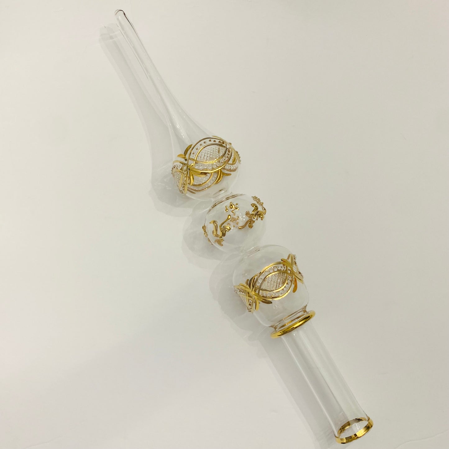 Handblown glass etched Christmas tree topper with gold accents