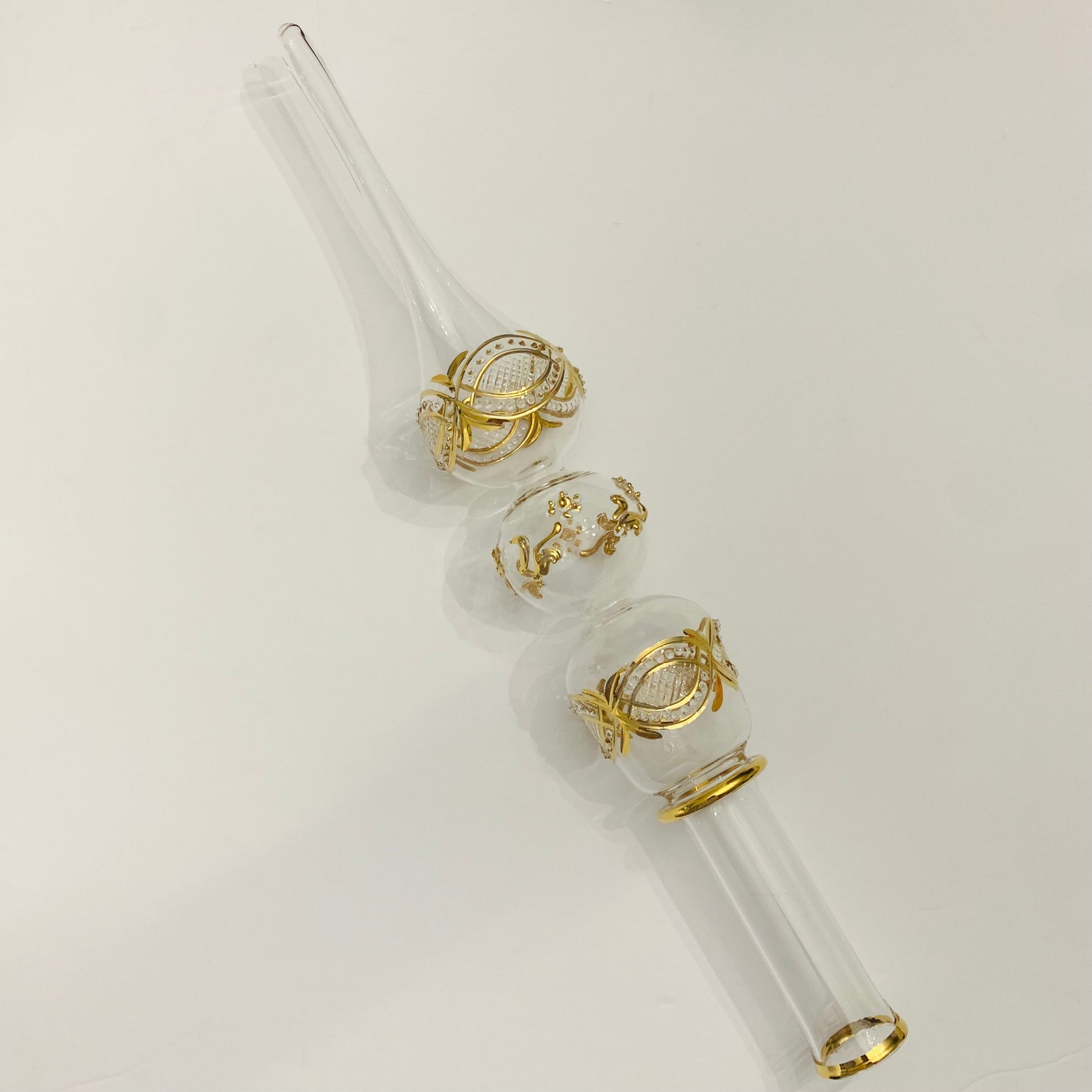 Handblown glass etched Christmas tree topper with gold accents