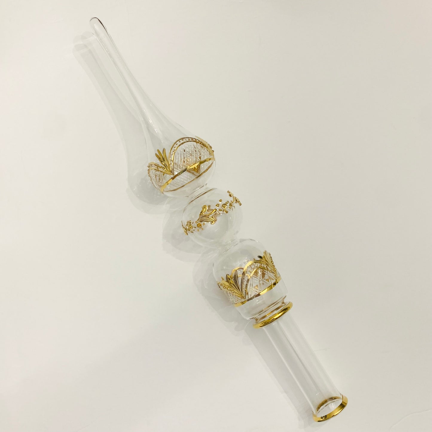 Handblown glass etched Christmas tree topper with gold accents