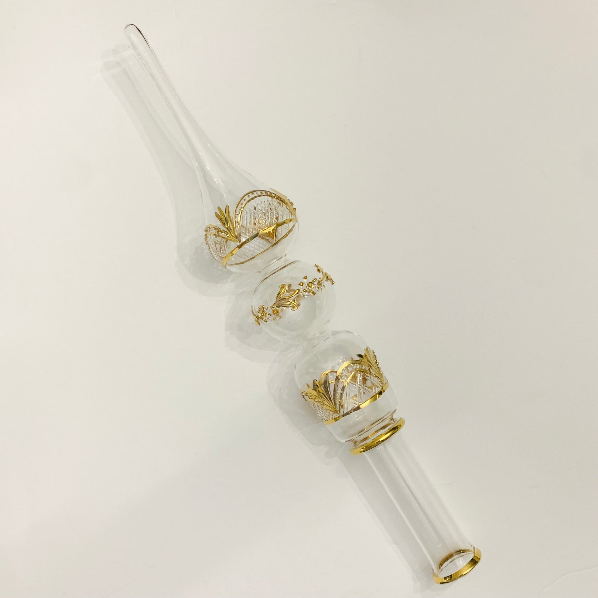 Handblown glass etched Christmas tree topper with gold accents