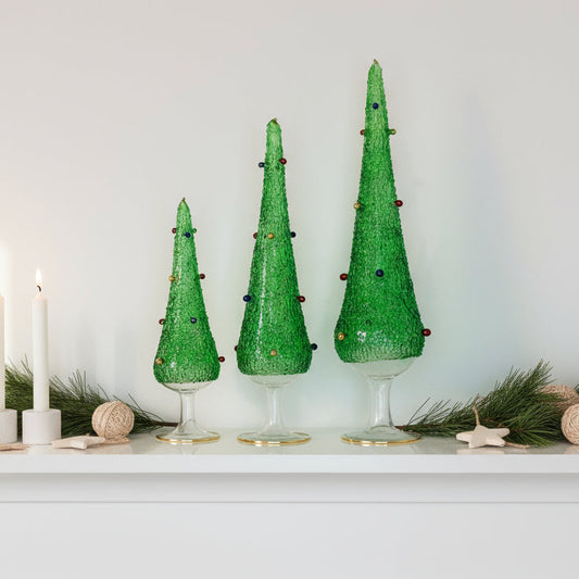 Fair Trade Hand-blown Glass Tabletop Christmas Tree Green with Colors