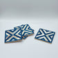 Set of four square wood coasters inlaid with mother of pearl in a geometric pattern, fair trade handmade, arabesque marquetry