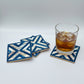 Set of four square wood coasters inlaid with mother of pearl in a geometric pattern, fair trade handmade, arabesque marquetry
