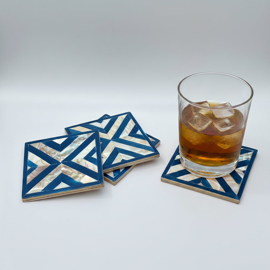 Set of four square wood coasters inlaid with mother of pearl in a geometric pattern, fair trade handmade, arabesque marquetry
