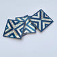 Set of four square wood coasters inlaid with mother of pearl in a geometric pattern, fair trade handmade, arabesque marquetry