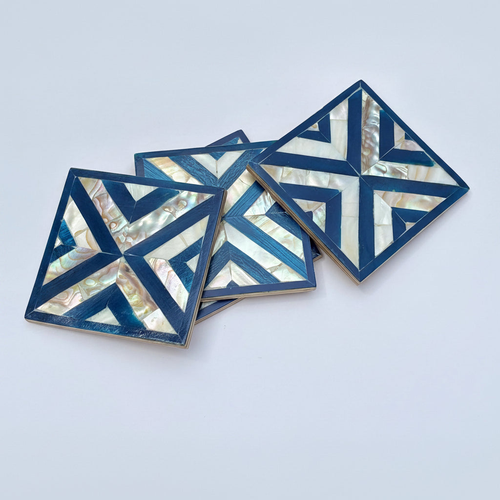 Set of four square wood coasters inlaid with mother of pearl in a geometric pattern, fair trade handmade, arabesque marquetry