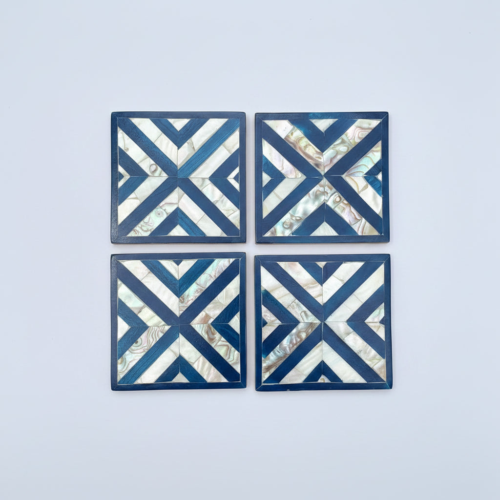 Set of four square wood coasters inlaid with mother of pearl in a geometric pattern, fair trade handmade, arabesque marquetry
