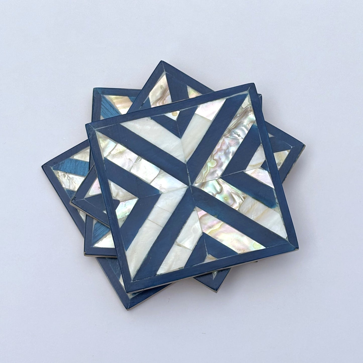 Set of four square wood coasters inlaid with mother of pearl in a geometric pattern, fair trade handmade, arabesque marquetry