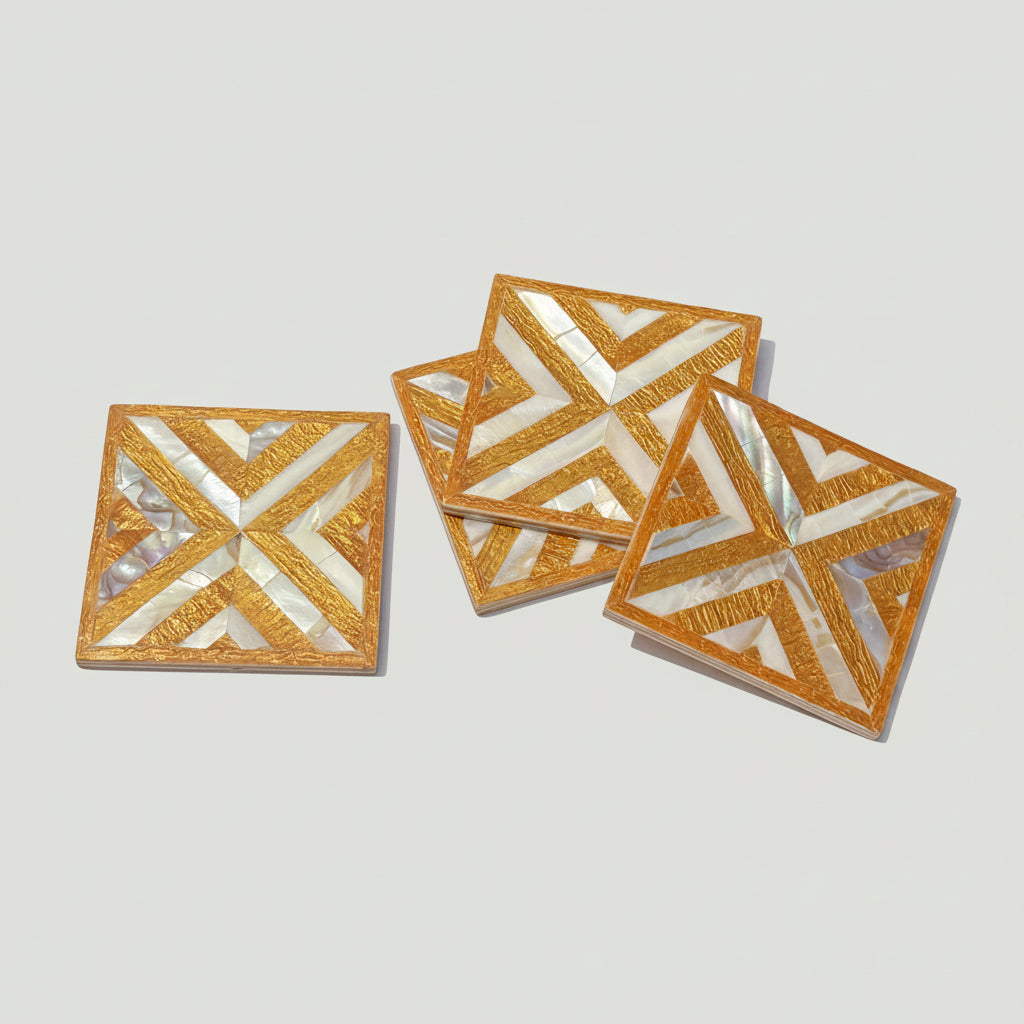 Set of four square wood coasters inlaid with mother of pearl in a geometric pattern, fair trade handmade, arabesque marquetry